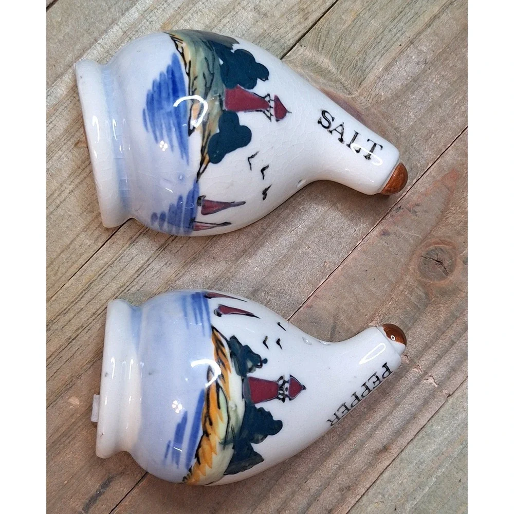 Vintage Nautical Lighthouse Sailboat Ceramic Salt and Pepper Shakers Set Corks